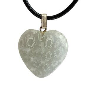 White Murano Glass Heart Necklace Millefiori Flowers Vintage Black Cord 18"
